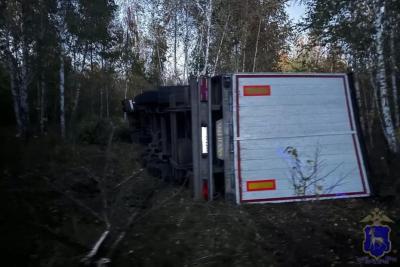 На трассе М-5 в Самарской области столкнулись два грузовика, один опрокинулся