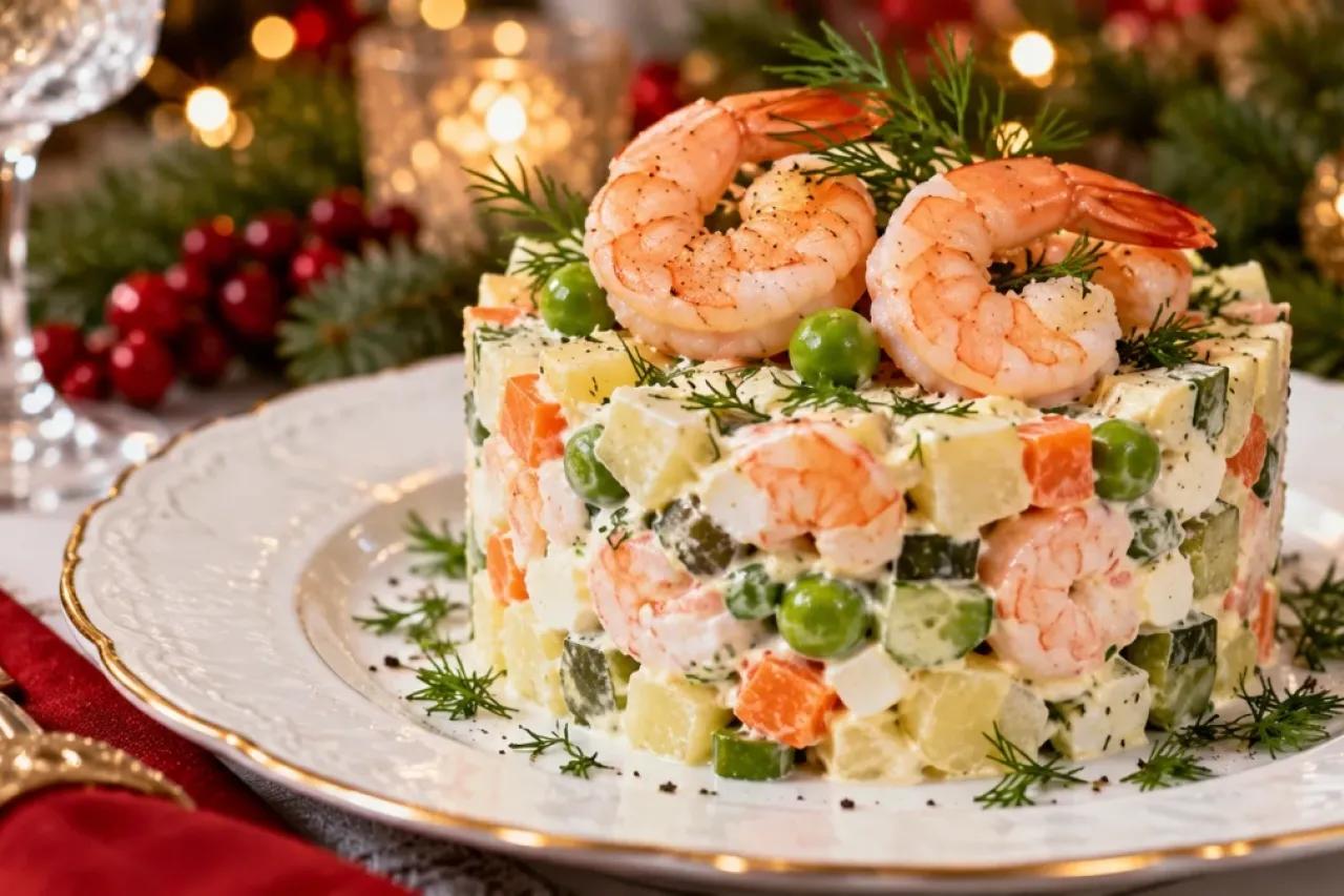 Оливье с креветками вместо колбасы - праздничный салат с ресторанным вкусом: весь секрет в нежном соусе