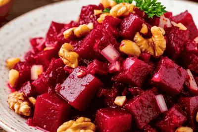 Смешиваем свёклу с орехами, чесноком и солёным огурцом: яркий и пряный грузинский салат