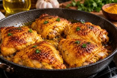 Курица получается сочной и с янтарной корочкой: добавляю 1 копеечную специю вместо майонеза и сложных маринадов