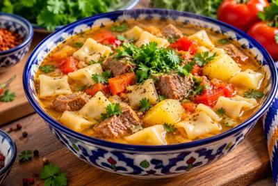 Суп, заменяющий и первое, и второе: узбекский мампар - мясо, картошка и кусочки теста в густом бульоне
