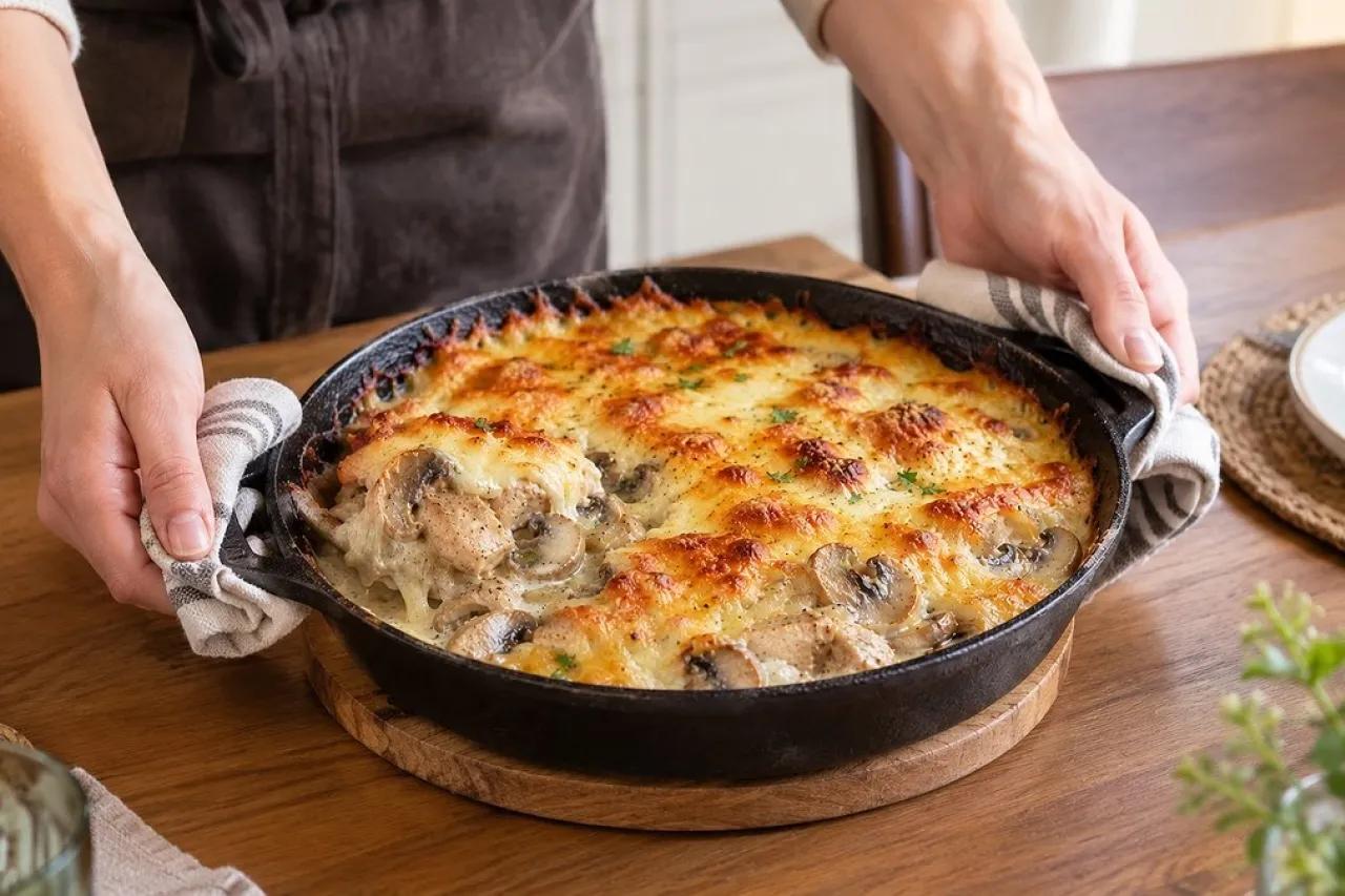 Курицу с грибами заливаю сливками и посыпаю сыром: делаю жюльен без лишних хлопот - домашние съедают до последней ложки
