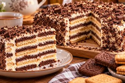 450 г печенья + обалденный крем: собираю торт &laquo;Шоколадная зебра&raquo; без выпечки - к чаю целая башня полосатой нежности